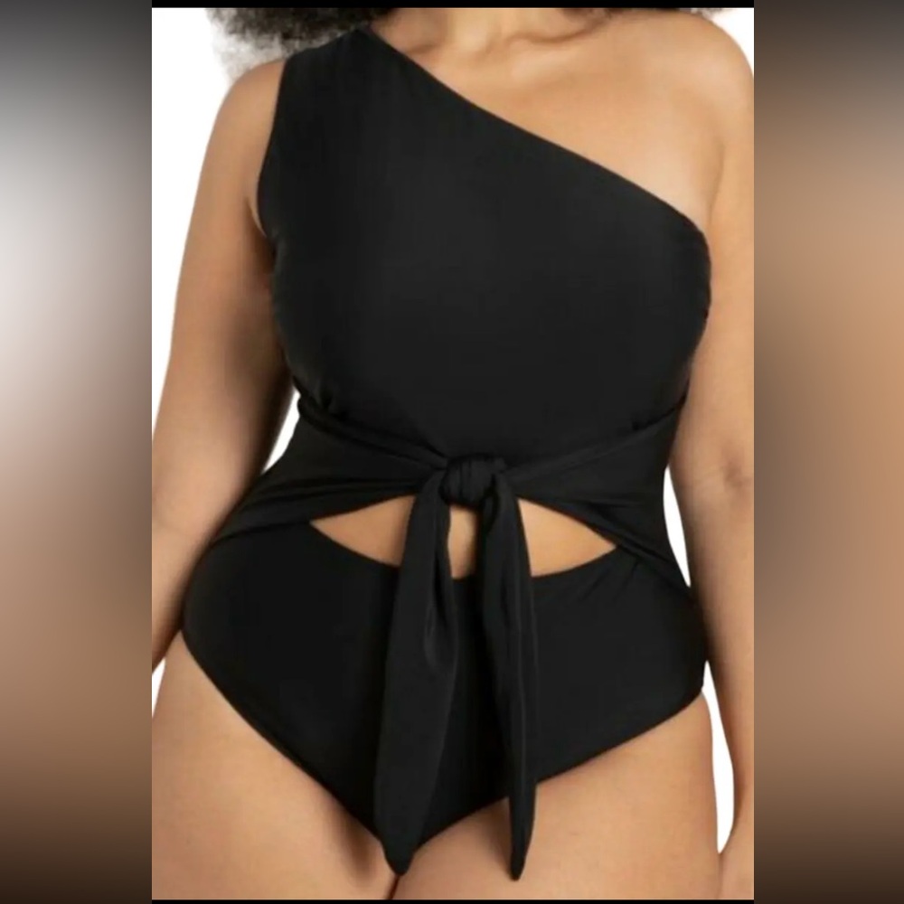 Eloquii one shoulder cut out tie front swimsuit black Sz 20